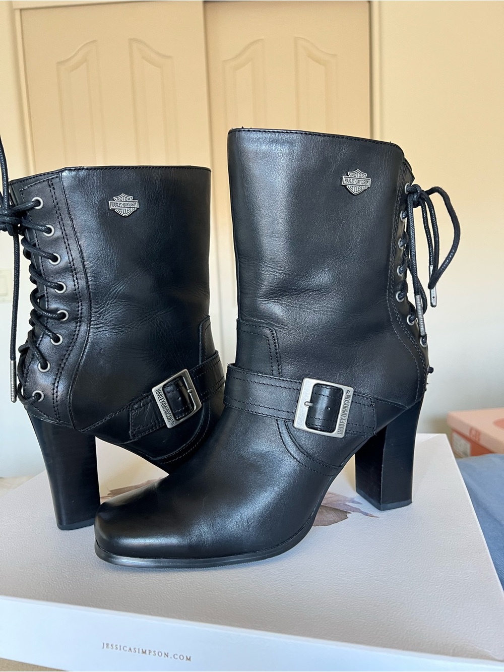 Harley-Davidson Black Leather Lace-Up Buckle Heeled Ankle Boots